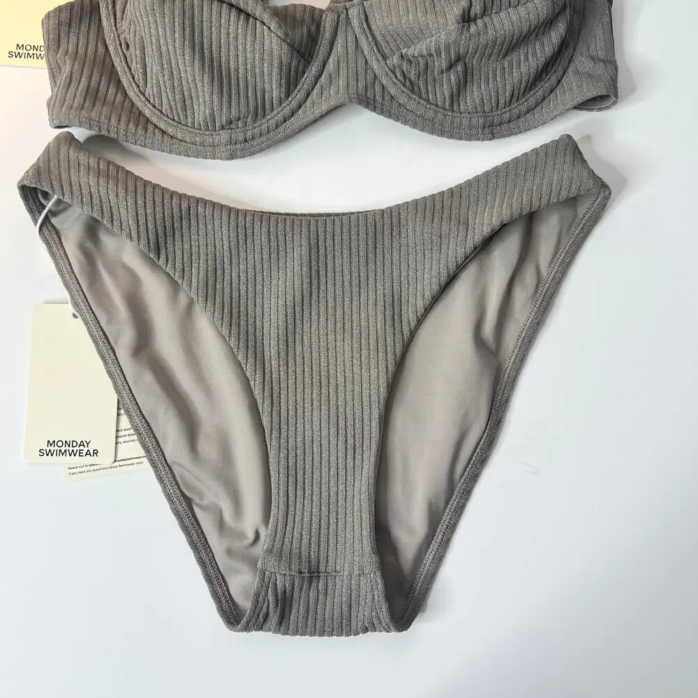 Monday Swimwear Seychelles Bottom and Sorrento Top Steel Lurex Rib New Small
